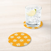 レトロイエローホワイトフローラシンプルフラワーパターン ラウンドペーパーコースター (インサイチュ)
