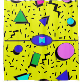 レトロイエロー80sメンフィス抽象芸術スタイルシームレス シャワーカーテン