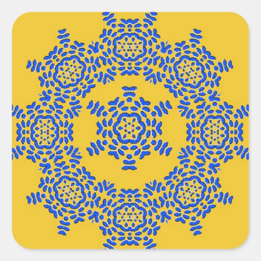 レトロイエロー&ブルーフラワーセラミックタイルのシール スクエアシール (正面)