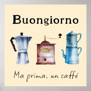 レトロイタリアンモカコーヒーポットグラインダークリーム ポスター