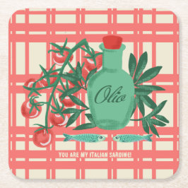 レトロイタリアン食品イラストレーション紙コースター スクエアペーパーコースター