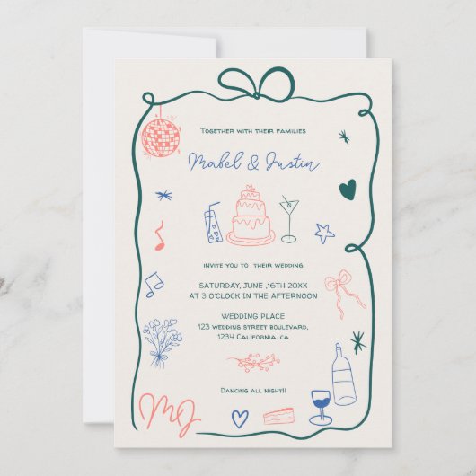 レトロイニシャルリボン図解入りの、写真付きのフォト結婚ズ 招待状 (正面)