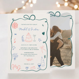 レトロイニシャルリボン図解入りの、写真付きのフォト結婚ズ 招待状