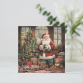 レトロイラストレーションサンタクロースとクリスマスツリー シーズンカード (スタンド正面)