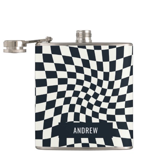 レトロインジゴホワイト市松模様にパーソナライズされた フラスク (オープン)