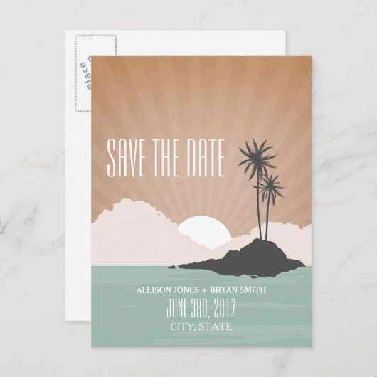レトロインスパイアアイラムビーチ結婚式保存日付 案内ポストカード (正面/裏面)