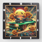 レトロインスパイアー・マッスルカー鮮やか・フローラ スクエア壁時計 (正面)