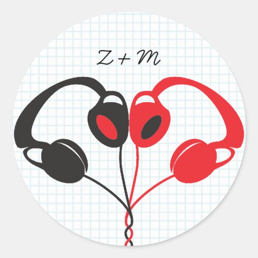 レトロインディヘッドフォン結婚ハートの赤と黒 ラウンドシール (正面)