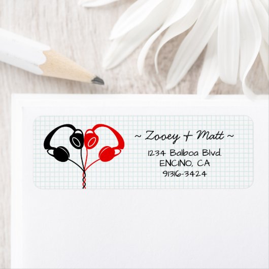 レトロインディヘッドフォン結婚ハートの赤と黒 ラベル (インサイチュ)