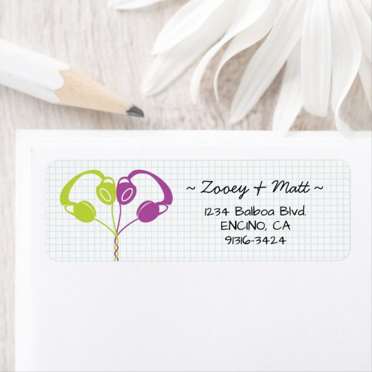 レトロインディヘッドフォン結婚ハート紫ライム ラベル (インサイチュ)