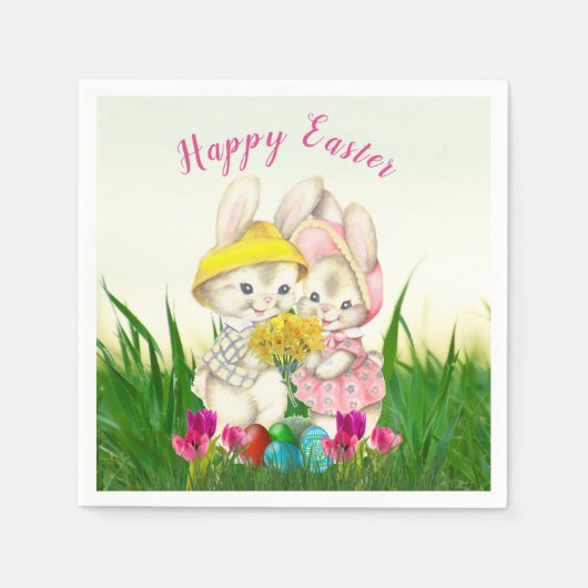 レトロイースターバニー春の花/パーティー スタンダードカクテルナプキン (正面)