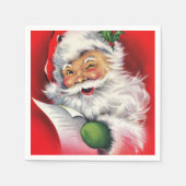 レトロウィンキングサンタがリストをチェック スタンダードカクテルナプキン (正面)