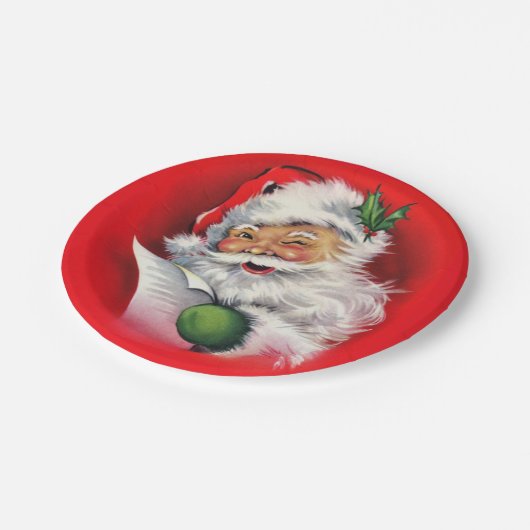 レトロウィンキングサンタがリストをチェック ペーパープレート (アングル)