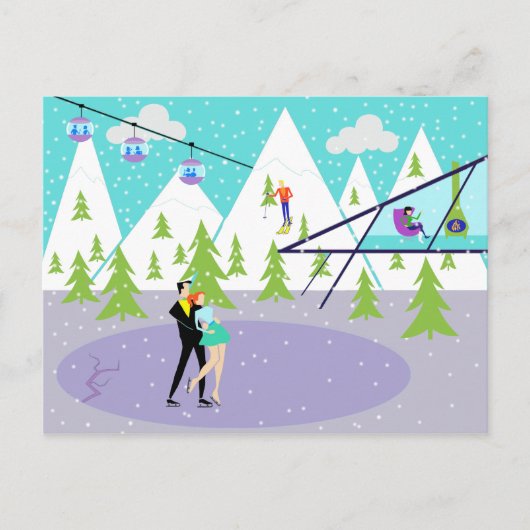 レトロウィンタースキーリゾートハガキ ポストカード (正面)