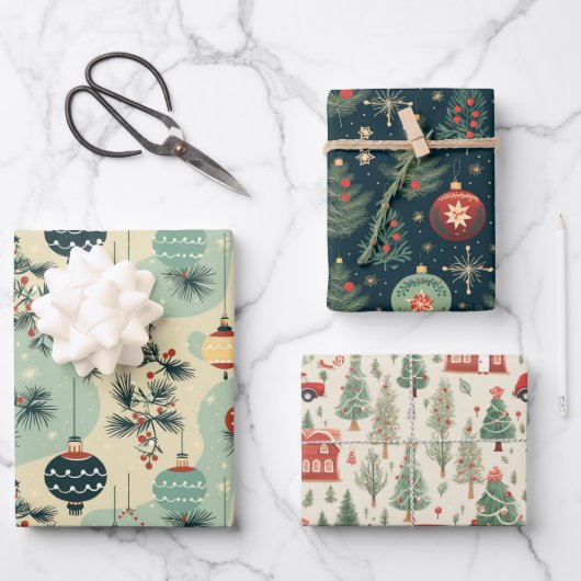 レトロウィンターワンダーランドクリスマスツリーギフト ラッピングペーパーシート (正面)
