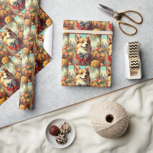 レトロウェルシュコーギーカーディガン絵を描ズ ラッピングペーパー (クラフト)