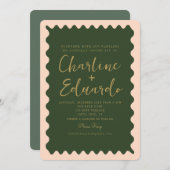 レトロウェーブグリーンピーチゴールデン結婚ズ 招待状 (正面/裏面)