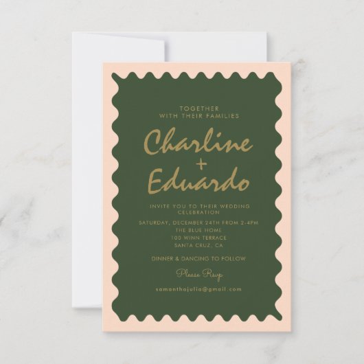 レトロウェーブグリーンピーチパステル結婚式招待状 招待状 (正面)