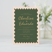 レトロウェーブグリーンピーチパステル結婚式招待状 招待状 (スタンド正面)
