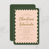 レトロウェーブグリーンピーチパステル結婚式招待状 招待状 (正面/裏面)