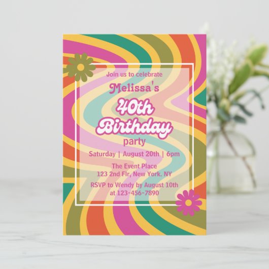 レトロウェーブグルービーフラワーパープル40歳の誕生日 招待状 (スタンド正面)