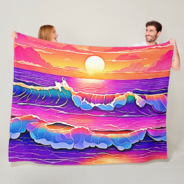 レトロウェーブサンセットセレニティ フリースブランケット