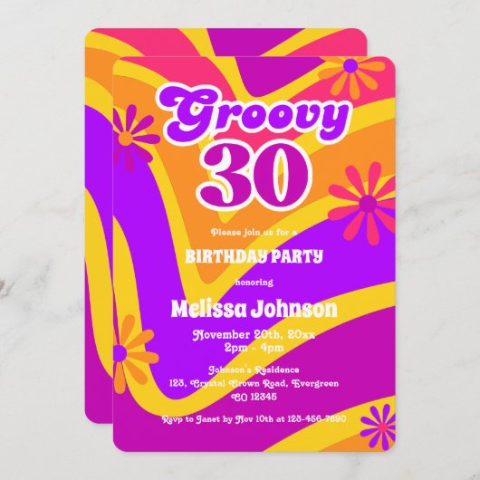 レトロウェーブデイジーGroovy 30thオレンジ誕生日 招待状 (正面/裏面)