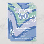 レトロウェーブデイジーGroovy 40thブルー誕生日 招待状 (正面/裏面)