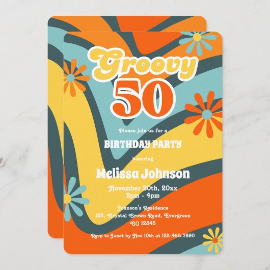 レトロウェーブデイジーGroovy 50thグリーン誕生日 招待状 (正面/裏面)