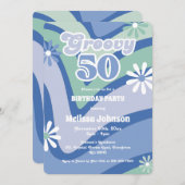 レトロウェーブデイジーGroovy 50thブルー誕生日 招待状 (正面/裏面)