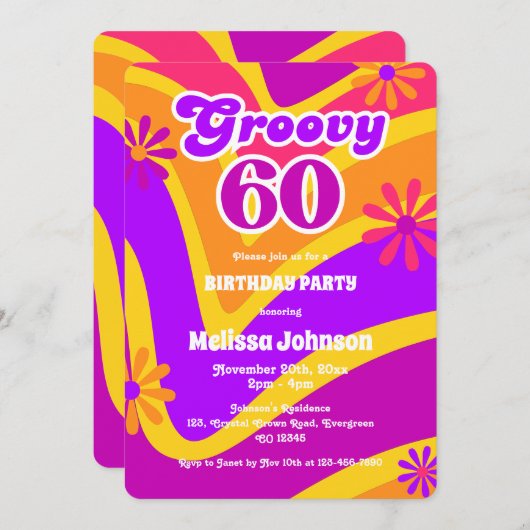 レトロウェーブデイジーGroovy 60thオレンジ誕生日 招待状 (正面/裏面)