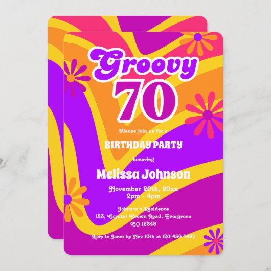 レトロウェーブデイジーGroovy 70thオレンジ誕生日 招待状 (正面/裏面)