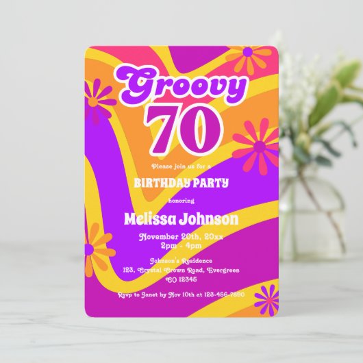 レトロウェーブデイジーGroovy 70thオレンジ誕生日 招待状 (スタンド正面)