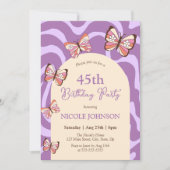 レトロウェーブバタフライ ベージュ パープル 誕生日 招待状 (正面)