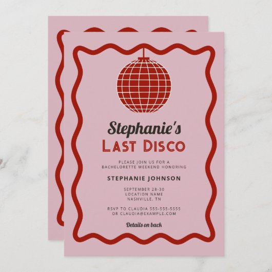 レトロウェーブピンクと赤の最後のディスコバチェロレッテ 招待状 (正面/裏面)