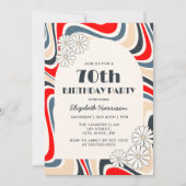 レトロウェーブフラワーアーチグレーレッド誕生日 招待状 (正面)