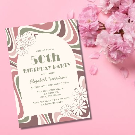 レトロウェーブフラワーアーチセージブラウンピーチ誕生日 招待状