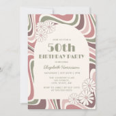 レトロウェーブフラワーアーチセージブラウンピーチ誕生日 招待状 (正面)