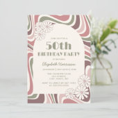 レトロウェーブフラワーアーチセージブラウンピーチ誕生日 招待状 (スタンド正面)