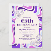 レトロウェーブフラワーアーチバイオレットブルー誕生日 招待状 (正面)