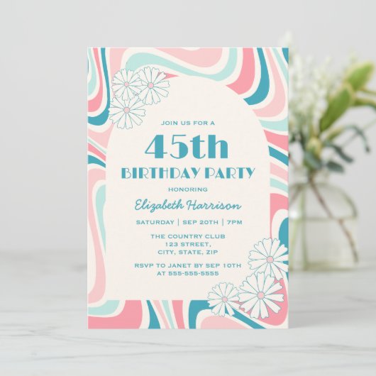 レトロウェーブフラワーアーチピンクグリーン誕生日 招待状 (スタンド正面)