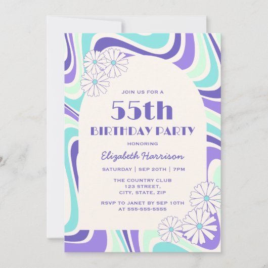 レトロウェーブフラワーアーチミントブルー誕生日 招待状 (正面)