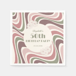 レトロウェーブフラワーサージブラウンピーチ誕生日 スタンダードカクテルナプキン