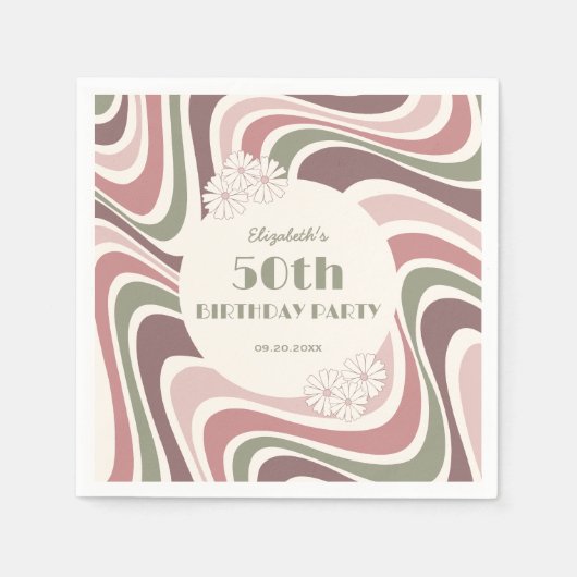 レトロウェーブフラワーサージブラウンピーチ誕生日 スタンダードカクテルナプキン (正面)