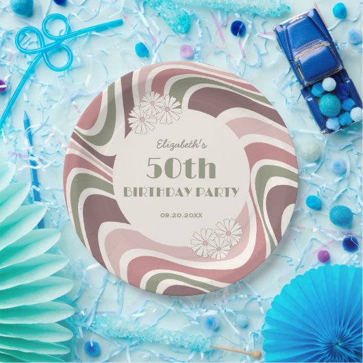 レトロウェーブフラワーサージブラウンピーチ誕生日 ペーパープレート (パーティー)