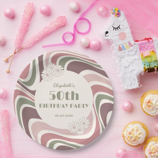 レトロウェーブフラワーサージブラウンピーチ誕生日 ペーパープレート (パーティー)