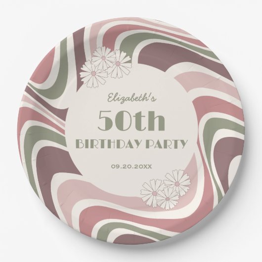 レトロウェーブフラワーサージブラウンピーチ誕生日 ペーパープレート (正面)