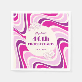 レトロウェーブフラワーパープルピンク誕生日 スタンダードカクテルナプキン