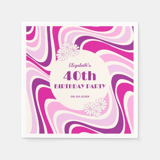 レトロウェーブフラワーパープルピンク誕生日 スタンダードカクテルナプキン (正面)