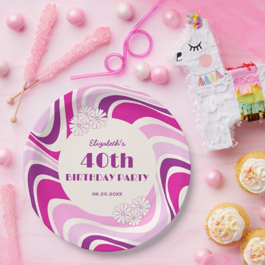 レトロウェーブフラワーパープルピンク誕生日 ペーパープレート (パーティー)